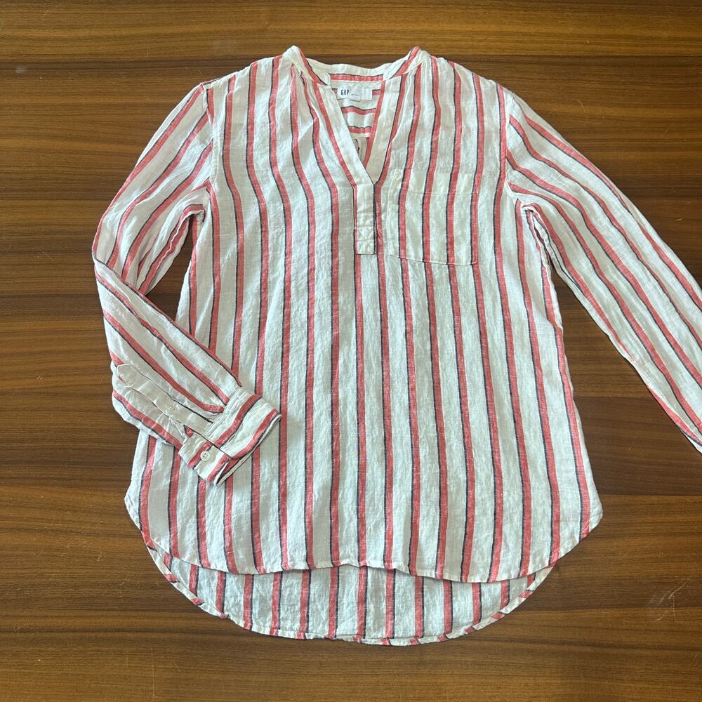 Gap 100% Linen Red Striped Linen Popover Tunic, Beachy Coastal‎ Nautical Small - Picture 3 of 9